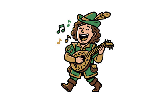 Cartoon illustration of a medieval bard or minstrel in green clothing playing a lute and singing with musical notes.