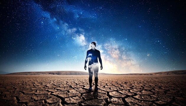 Fragmented human silhouette with cracked earth texture, sky clouds within fissures, cosmic starry background symbolizing fragility and unity.