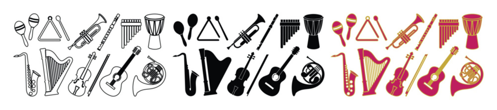 Musical instrument icons set, orchestral and jazz music equipment vectors, black silhouette and colorful flat design symbols for education and performance