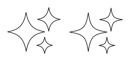 Sparkle star line icons, minimalist black outline twinkling stars, magic glitter effect vector set, clean decorative celestial elements for graphic design © Farah-Studio