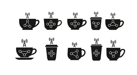 Fototapeta premium Set of ten vector icons of coffee cups with network symbols and antennas on top representing connectivity and communication technologies