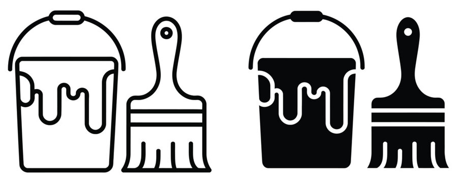 Paint bucket and paint brush icon outlined flat fill style for creative art tools and design interface illustration