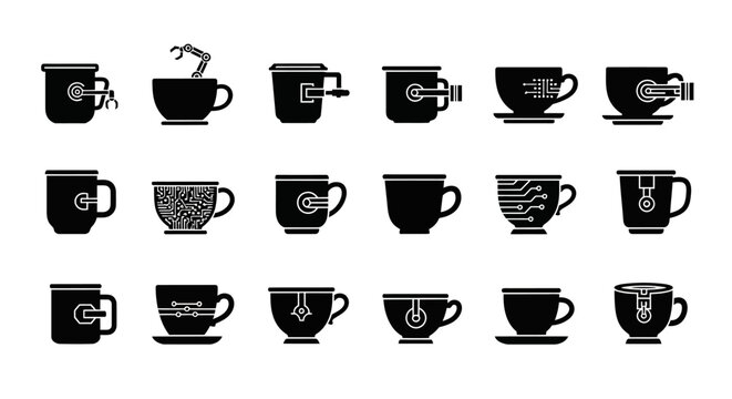 Robotic and electronic coffee cup icons featuring mechanical arms circuit boards and sensors representing automation smart kitchen technology and digital integration