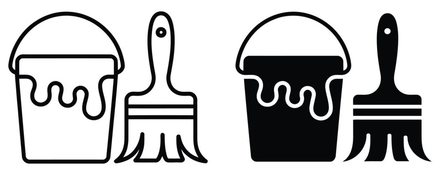 Paint bucket and paint brush icon set outlined with flat fill design for painting tools and creative workflow symbols
