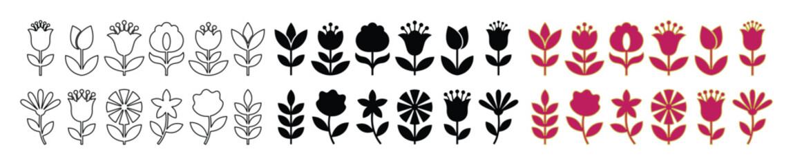 Scandinavian folk art flower icons, 36 floral vector elements in outline and silhouette styles, minimalist botanical symbols for spring branding © Farah-Studio