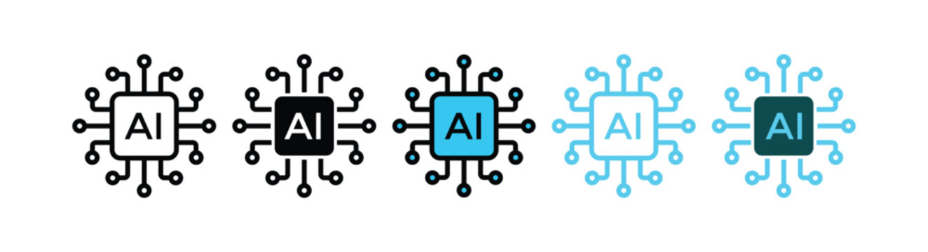 AI processor motherboard icons set. Artificial intelligence digital chip technology. Futuristic machine learning hardware circuit. Modern electronic processor icon design