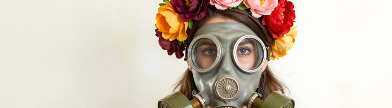 photograph stunning woman wearing colorful floral headpiece gas mask soft natural light