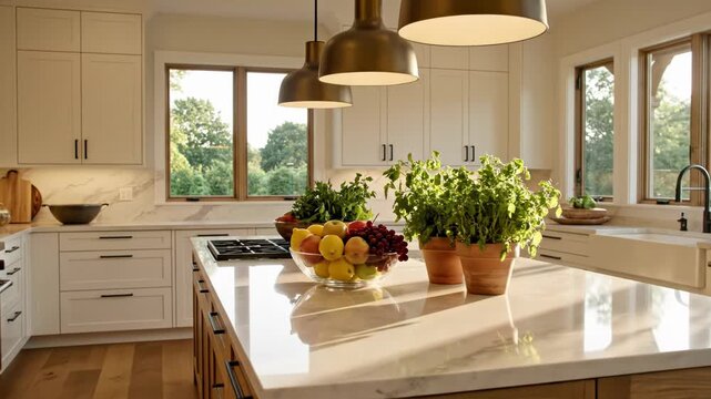 Modern kitchen interior with white cabinetry, marble countertops, and a wooden island featuring fresh herbs and fruit in a bowl, bathed in warm sunlight