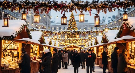Obraz premium Winter Christmas holiday market stalls with glowing lanterns and festive decorations in snowy village