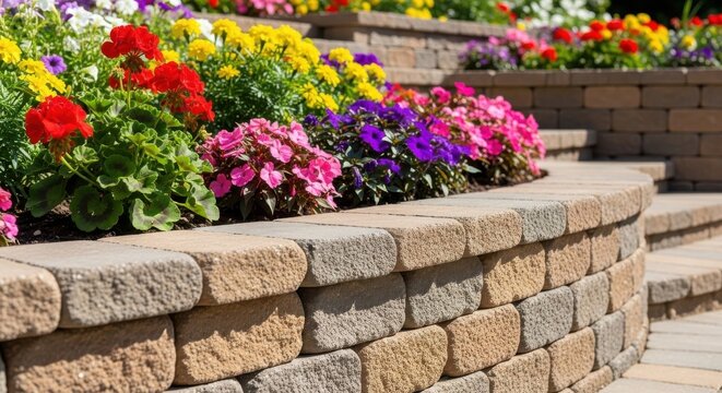 Interlocking stone pavers forming a low retaining wall with vibrant flowers in a garden landscape