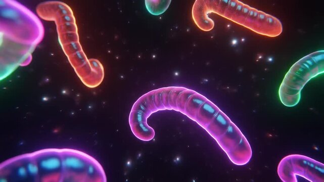暗闇でネオンに輝くグミワームの浮遊動画。エレクトリックカラーが幻想的なサイケデリック背景