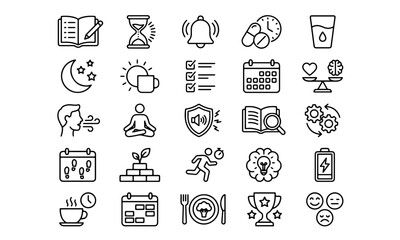 Fototapeta premium Daily Habit Tracker and Healthy Lifestyle Outline Icon Set - Sleep, Meditation, Brain Power and Self Care Vector Icons for Wellness Apps