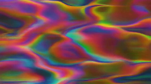 ホログラフィックな虹色のグリッチ背景。デジタルノイズが走るサイバーで幻想的な抽象映像。