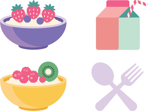 Healthy Food Icon Set with Fruit Bowls, Drink Box, and Cutlery for Breakfast, Nutrition, and Dietary Themes