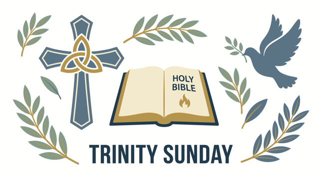 Trinity Sunday" vector illustration set featuring iconic Christian symbols like the Celtic cross, Holy Bible, and a dove with olive branches, celebrating spiritual devotion and faith