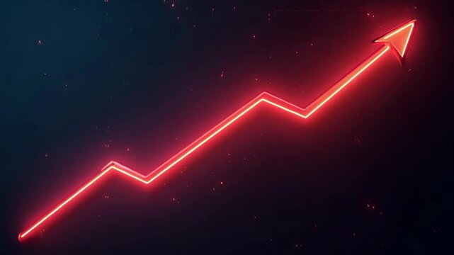neon business graph on black background. Successful, growth, Increased and trend neon line graph. Market Recovery Concept. Successful growth trend graph going down arrow..