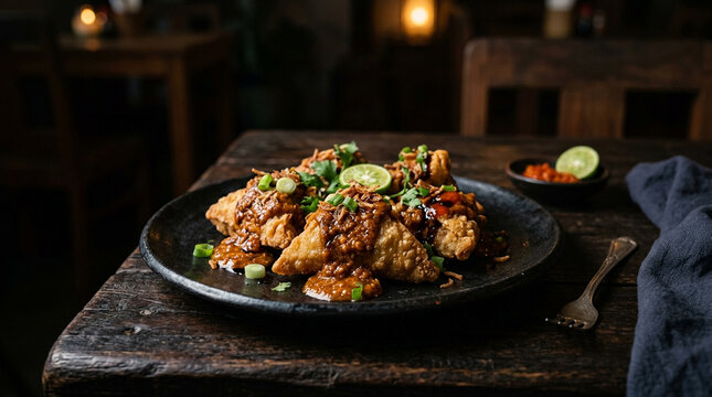 Crispy fried batagor siomay Bandung served on black plate topped with thick peanut sauce, lime, fried shallots and green onion, traditional Sundanese street food.