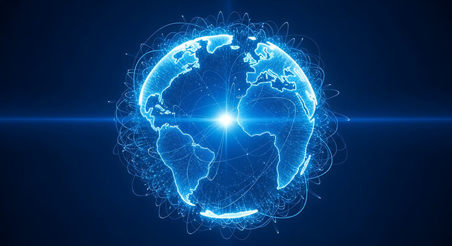 Futuristic digital globe with interconnected lines and glowing light effects