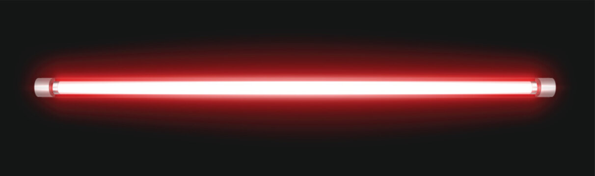 Red glowing neon tube isolated on black background. Futuristic laser light bar with vibrant electric illumination effect. Minimal sci fi technology banner design.