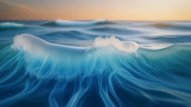 瑞々しいゼリー状の質感が広がる不思議な海。夕焼けに照らされた青い波の抽象映像
