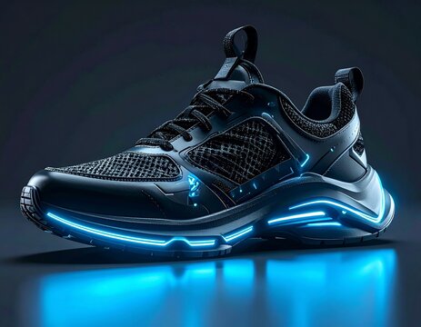 Futuristic Black Sneaker with Blue Neon Glowing Lights on Dark Background - AI Generated
