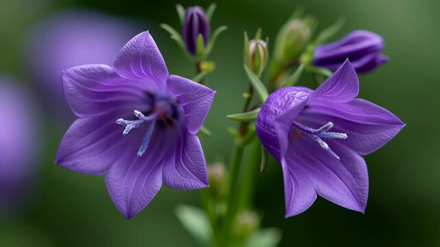 Purple bellflowers bloom in a garden setting, showcasing intricate petal details and vibrant colors against a soft green background