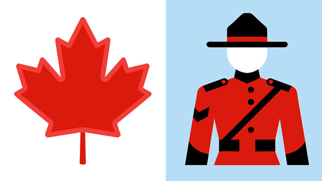 A split image featuring a vibrant red maple leaf on white and a Canadian RCMP officer in traditional red uniform on a light blue background, symbolizing national identity.