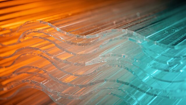 Layered transparent corrugated plastic sheets with glowing orange and cyan abstract industrial lighting.
