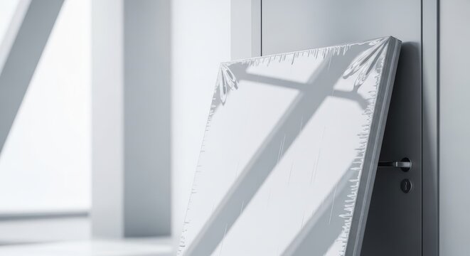Flat rectangular art package wrapped in clear protective plastic leaning against a minimalist studio wall with geometric light shadows