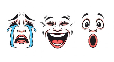 Obraz premium Three cartoon faces showing different emotions - crying, laughing, and surprised.