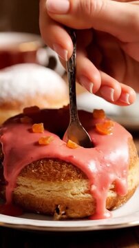 Close view of a traditional polish paczki doughnut glazed and filled with sweet jam marmalade prepared as a festive dessert for a holiday celebration commercial concept