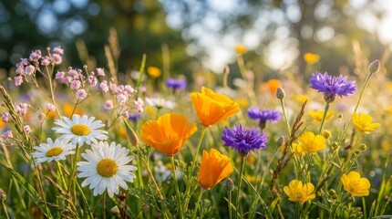Fototapeta premium Beautiful Wildflower Meadow Blooming Under Sunny Golden Hour Lighting Naturally