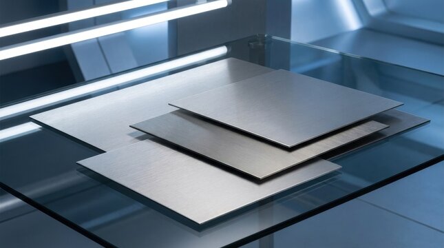Brushed silver and pewter metal sheets with a smooth, reflective finish displayed on a glass shelf
