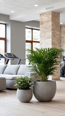 Fototapeta premium Modern home gym interior with fitness equipment and wooden decor, healthy lifestyle concept, wellness and exercise at home.