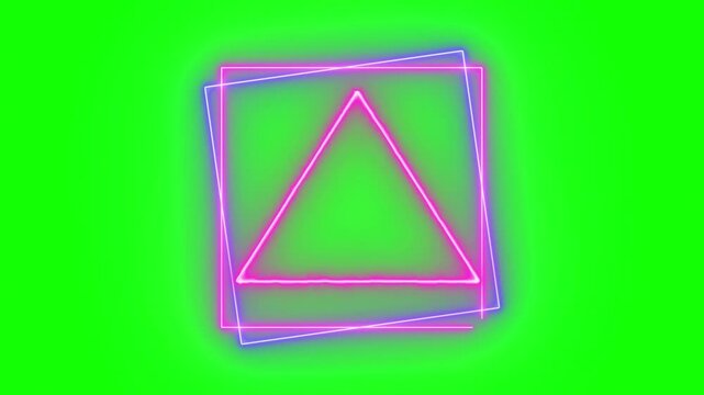 Neon pink triangle shapes with square outlines on green background glowing animated motion graphics footage