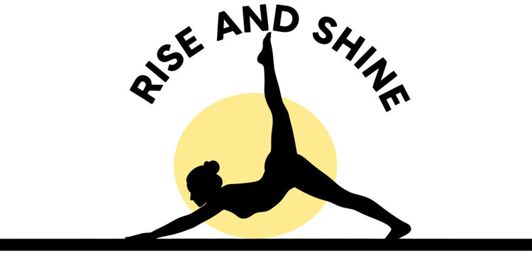 Silhouette of woman in triangle pose with sunrise motivational text