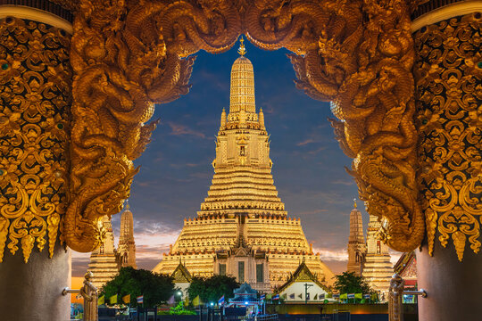An image of Wat Arun, assuming the picture is framed with traditional Thai patterns