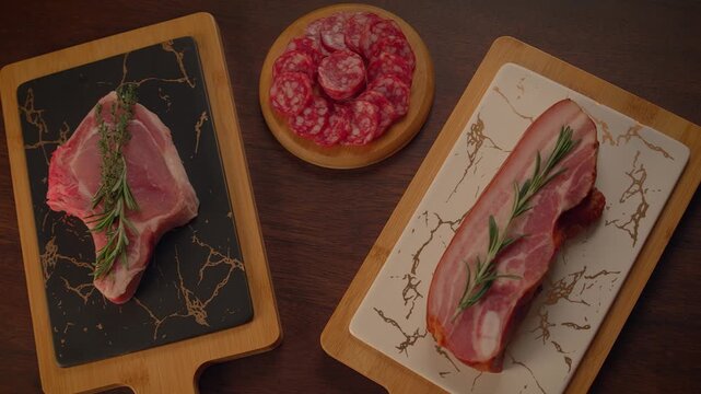 fresh cut raw steak with rosemary on dinner table
