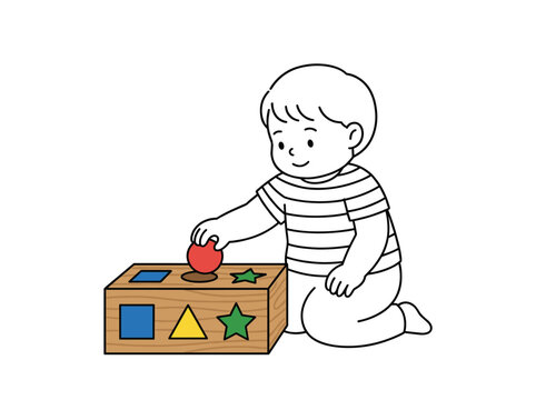 Illustration of a happy young child playing with a wooden shape sorter developing essential skills
