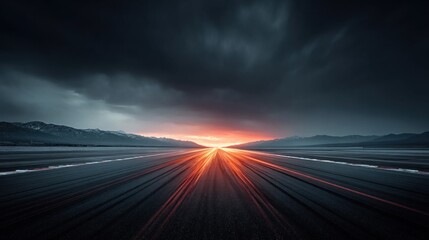 Obraz premium Dramatic highway leading towards a vibrant sunset with mountain range backdrop