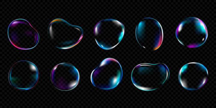 Realistic soap bubbles vector set holographic transparent liquid spheres neon reflective bubble collection isolated elements