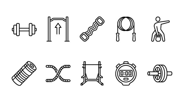 Collection of outline icons for fitness exercise and workout equipment and activities