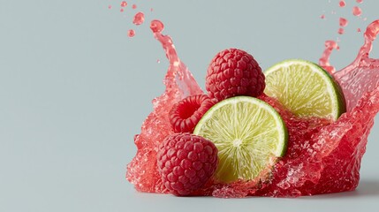 Fototapeta premium Fresh raspberries and lime slices splashing in vibrant red liquid against a light gray background, showcasing dynamic movement and vivid colors