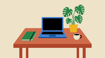 Fototapeta premium Minimalist Home Office Workspace with Laptop Notebook Plant and Coffee Mug on Wooden Desk