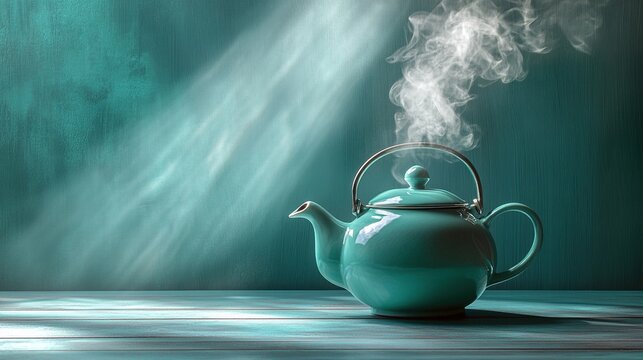 steaming teal ceramic teapot on a wooden table against a textured teal wall, moody, atmospheric image, warmth, comfort, and morning ritual, relaxation, hot beverages, and cozy interiors.