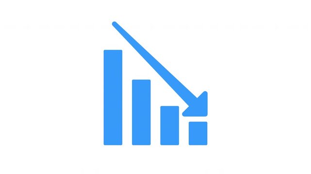 Animated Blue Bar Chart with Falling Arrow, White to Transparent Background