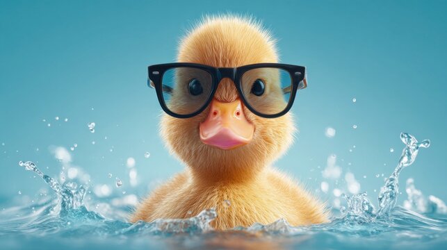 Adorable duckling wearing glasses enjoys a refreshing swim in the water