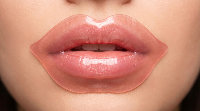 Close-up of lips with glossy pink hydrating lip mask, smooth and plump texture.