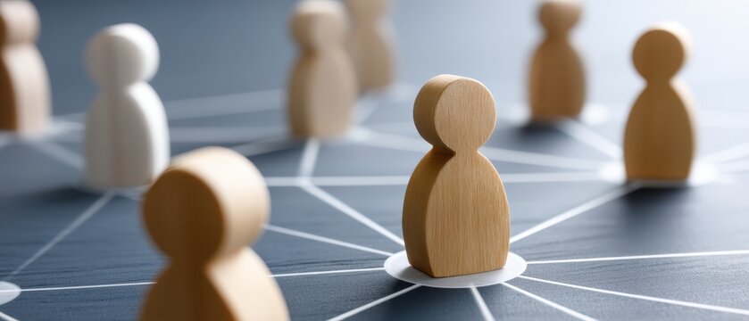 Wooden human figures standing in group formation, teamwork and leadership concept, business strategy idea, social connection, organizational structure.