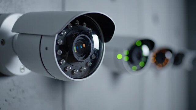 Row of sleek modern security surveillance cameras mounted on a wall with lens detail and shallow depth of field, monitoring and safety concept for security technology and commercial 